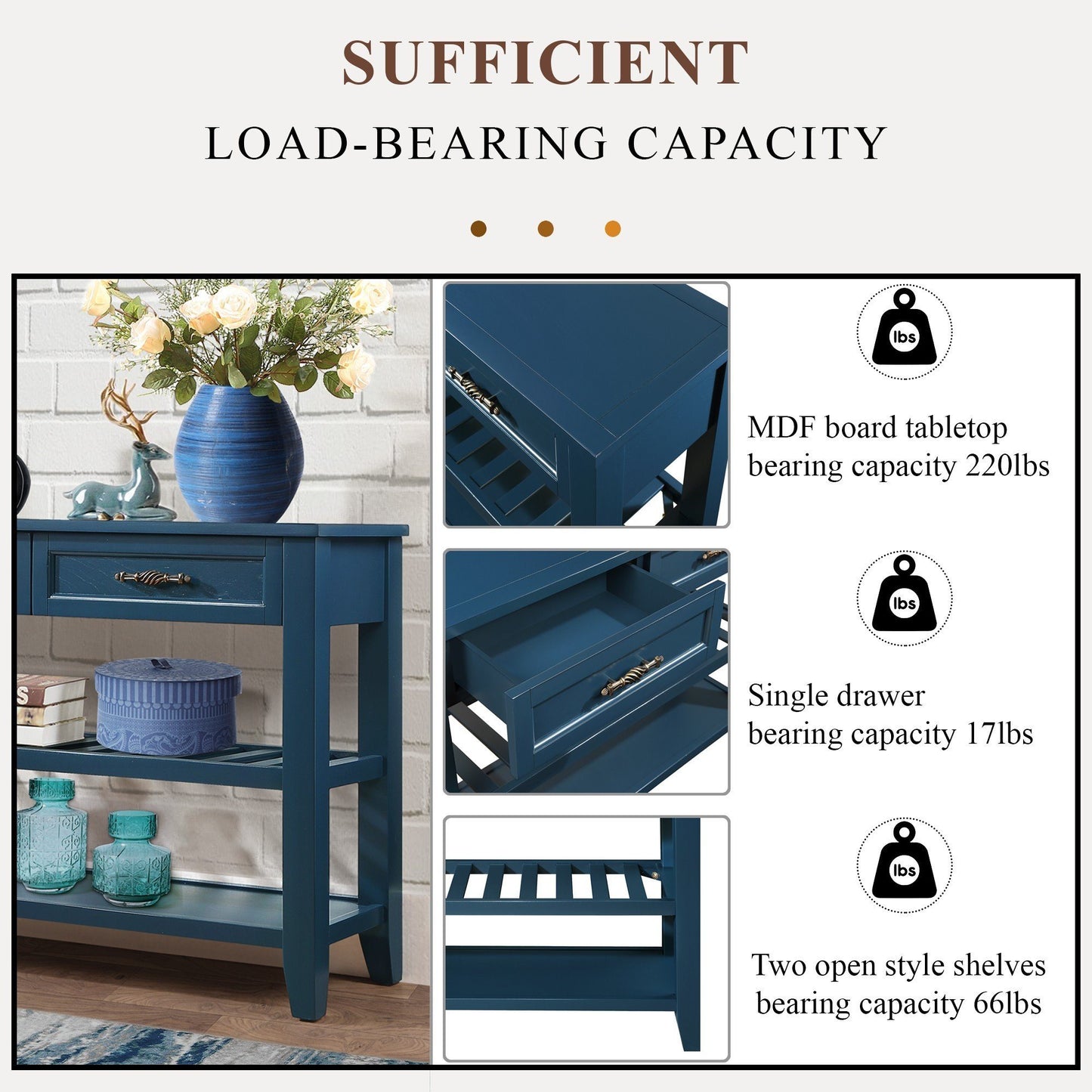 Console Sofa Table with 2 Storage Drawers and 2 Tiers Shelves, Mid-Century Style 42'' Solid Wood Buffet Sideboard for Living Room Furniture Kitchen Dining Room Entryway Hallway,Navy Blue