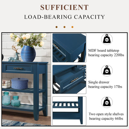Console Sofa Table with 2 Storage Drawers and 2 Tiers Shelves, Mid-Century Style 42'' Solid Wood Buffet Sideboard for Living Room Furniture Kitchen Dining Room Entryway Hallway,Navy Blue
