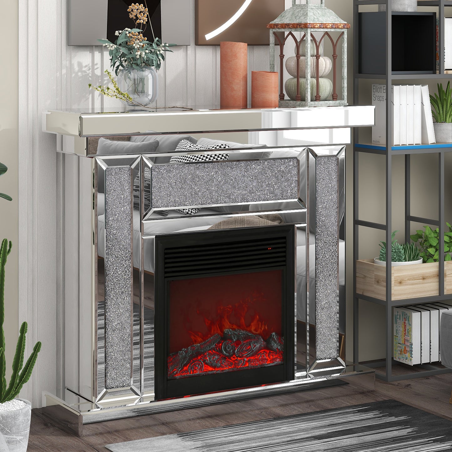 W 47 inch X D 12.6 inch X H 41.7 inch Acrylic diamond mirror mantelpiece, separate mantelpiece Built-in filling: acrylic high imitation drill, 1500 W electric heating furnace