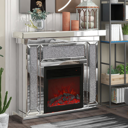 W 47 inch X D 12.6 inch X H 41.7 inch Acrylic diamond mirror mantelpiece, separate mantelpiece Built-in filling: acrylic high imitation drill, 1500 W electric heating furnace