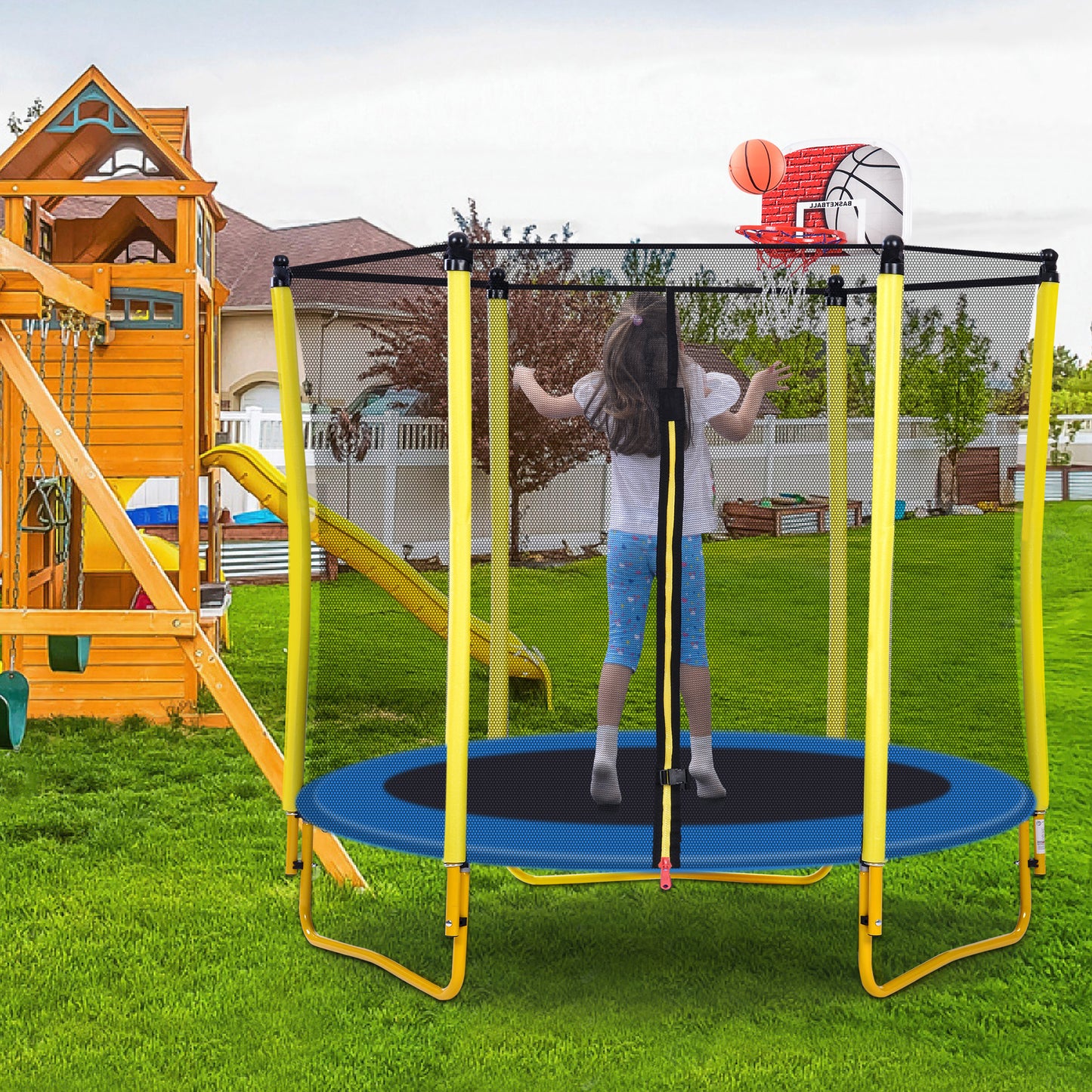 5.5 FT Outdoor & Indoor Mini Toddler Trampoline with Enclosure, Basketball Hoop and Ball Included