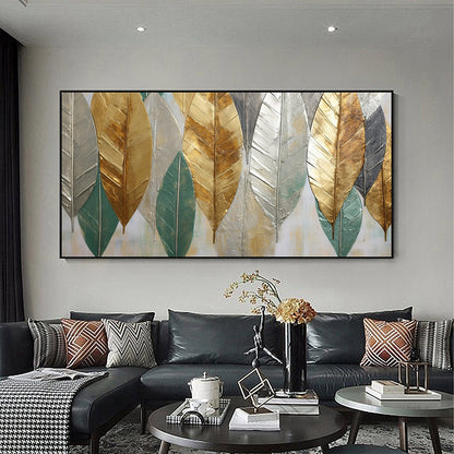Hand Painted Oil Painting Large Abstract Leaves Oil Painting on Canvas Original Plants Painting Gold Foil Art Decor Living room Wall Decor Custom Modern Wall Art