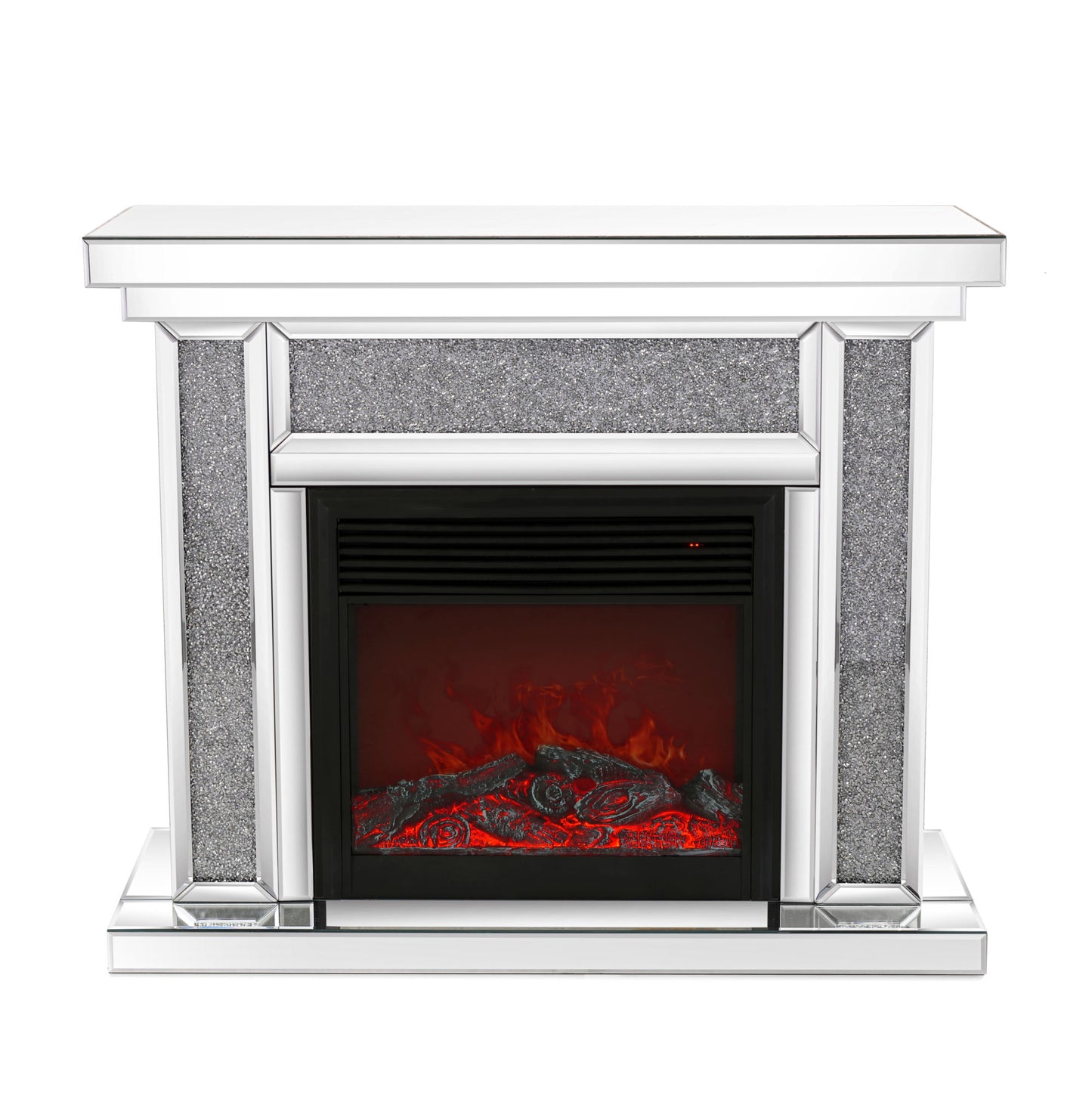 W 47 inch X D 12.6 inch X H 41.7 inch Acrylic diamond mirror mantelpiece, separate mantelpiece Built-in filling: acrylic high imitation drill, 1500 W electric heating furnace