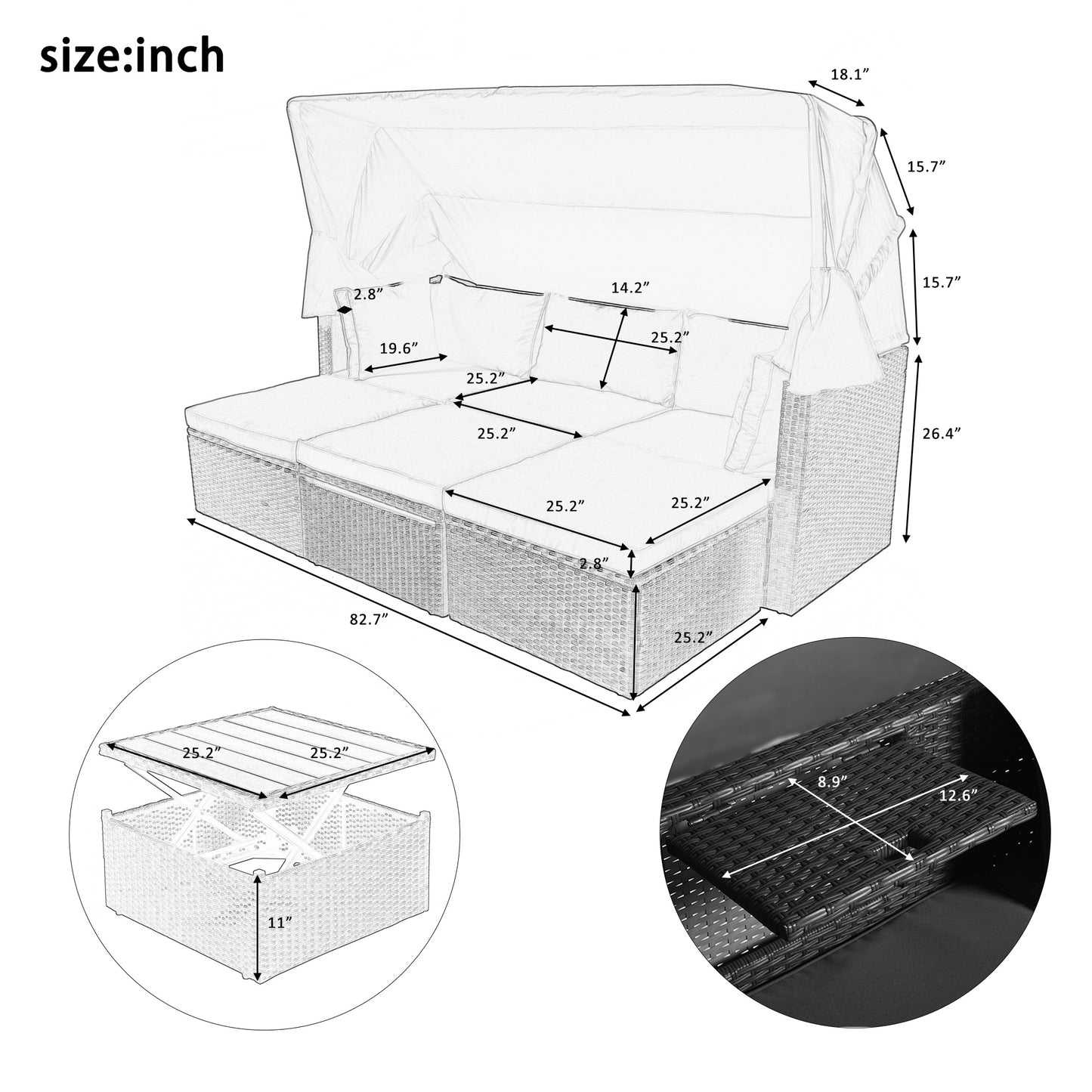 U_Style Outdoor Patio Rectangle Daybed with Retractable Canopy, Wicker Furniture Sectional Seating with Washable Cushions, Backyard, Porch(As same as WY000263AAE)