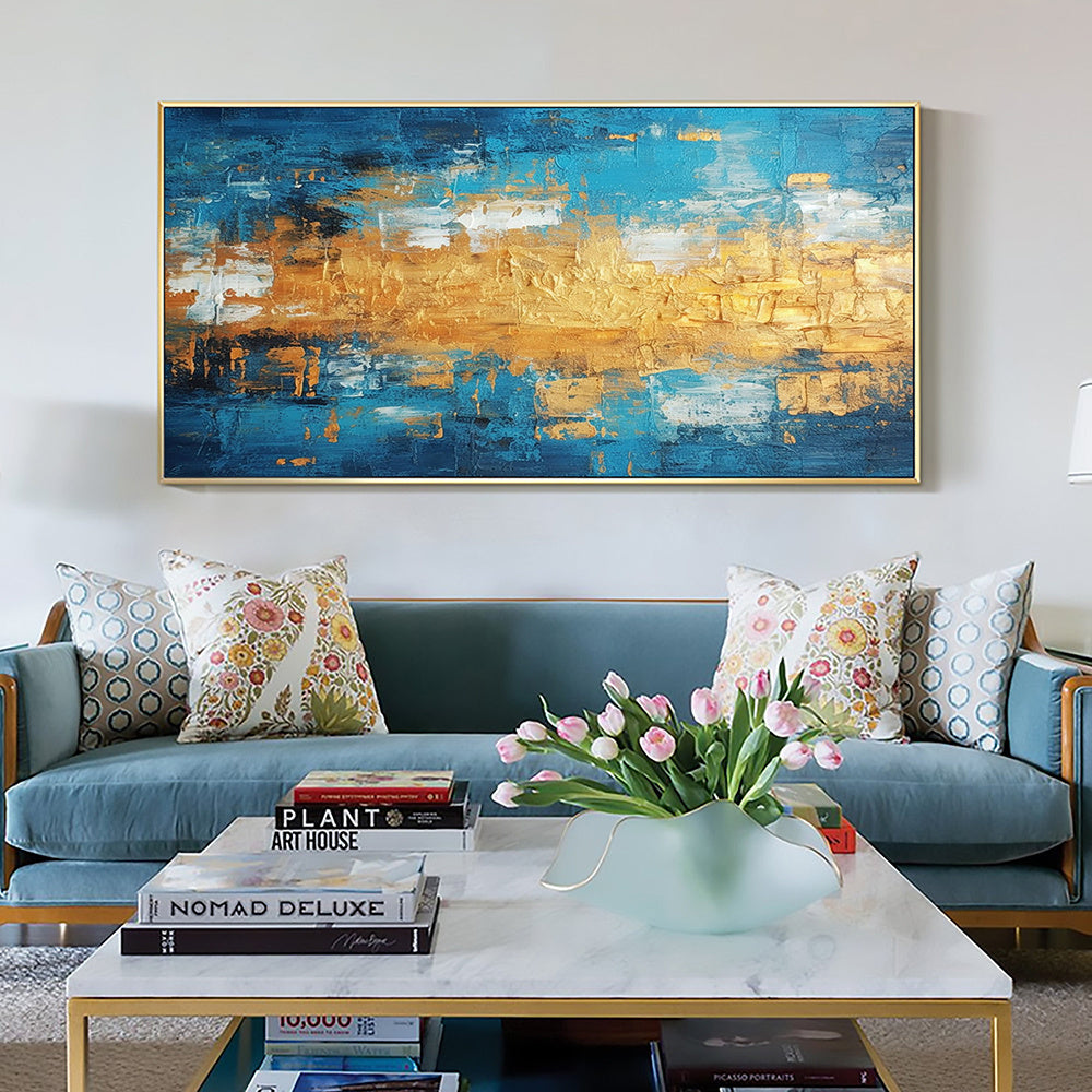 Handmade Oil Painting Large Blue Gold Oil Painting on Canvas Original Abstract Art Decor Modern Textured Wall Art Living room Wall Decor