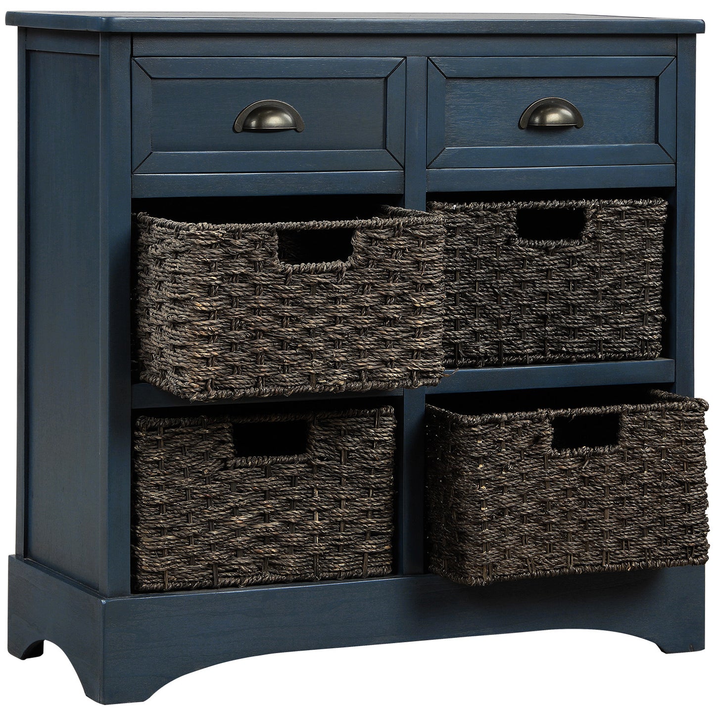 TREXM Rustic Storage Cabinet with Two Drawers and Four Classic Rattan Basket for Dining Room/Entryway/Living Room (Antique Navy)