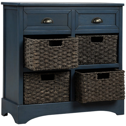 TREXM Rustic Storage Cabinet with Two Drawers and Four Classic Rattan Basket for Dining Room/Entryway/Living Room (Antique Navy)