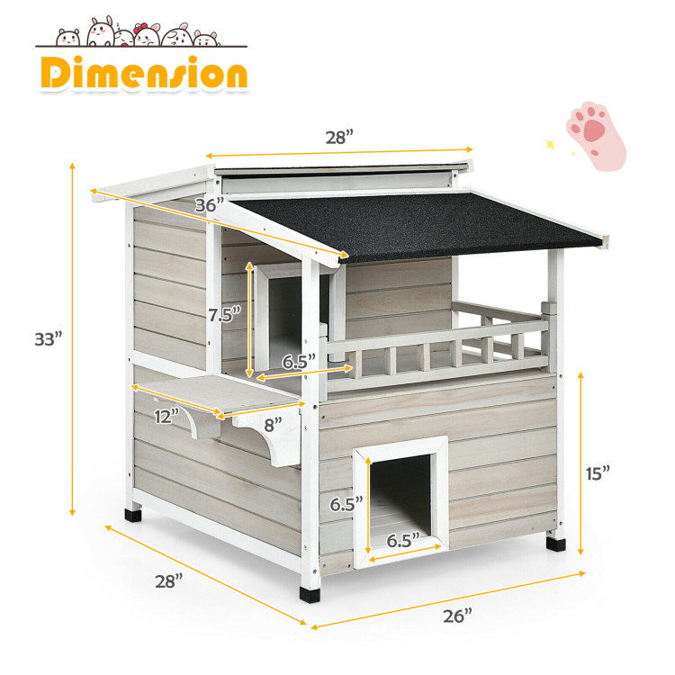 2-Story Luxurious Wooden Pet House with Large Balcony in Grey