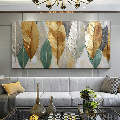 Hand Painted Oil Painting Large Abstract Leaves Oil Painting on Canvas Original Plants Painting Gold Foil Art Decor Living room Wall Decor Custom Modern Wall Art