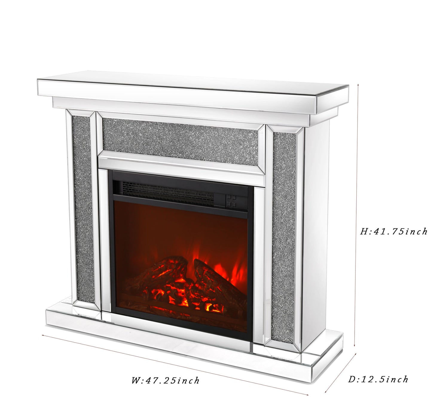 W 47 inch X D 12.6 inch X H 41.7 inch Acrylic diamond mirror mantelpiece, separate mantelpiece Built-in filling: acrylic high imitation drill, 1500 W electric heating furnace