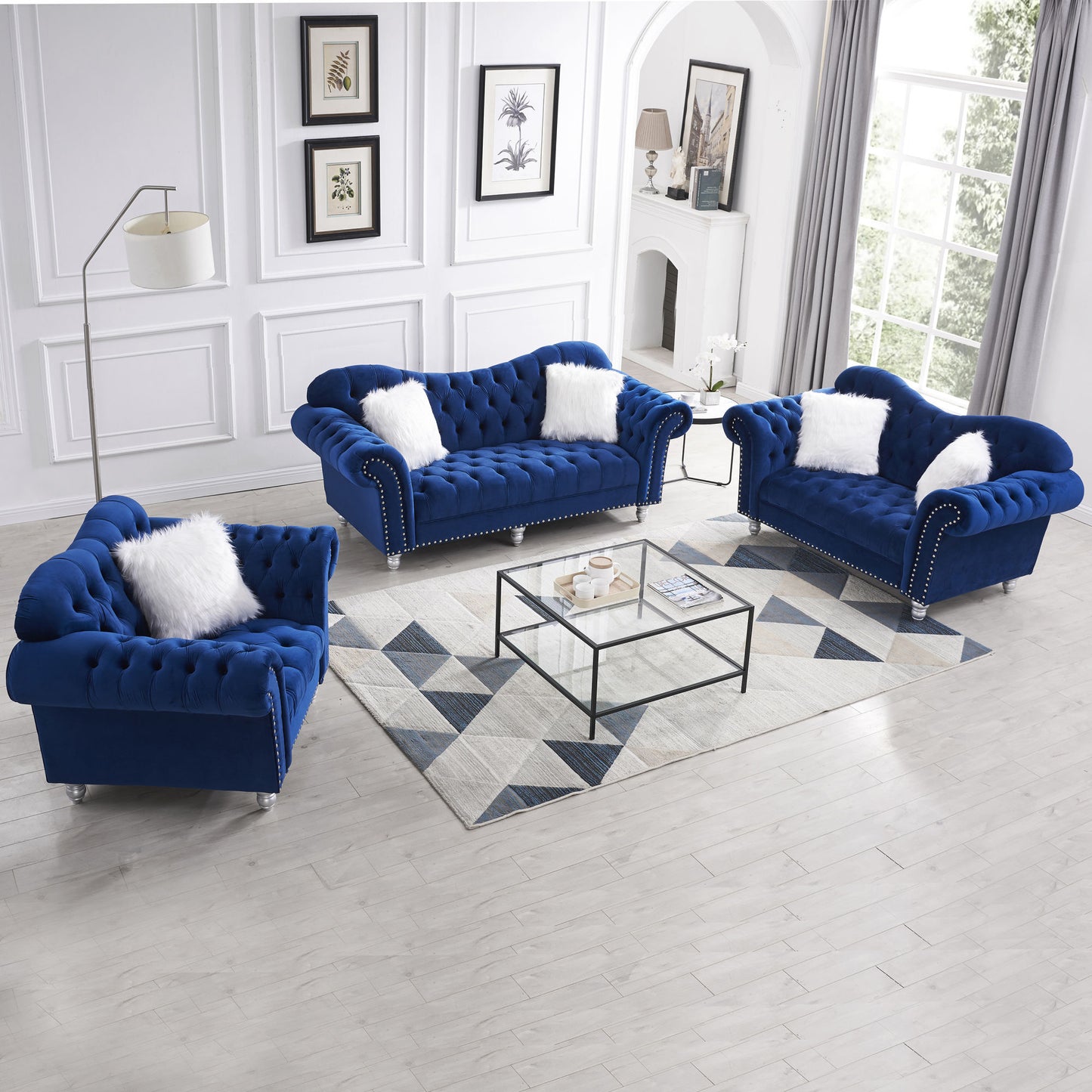 3 Piece Living Room Sofa Set; including 3-Seater Sofa; Loveseat and Sofa Chair; with Button and Copper Nail on Arms and Back; Five White Villose Pillow; Blue.