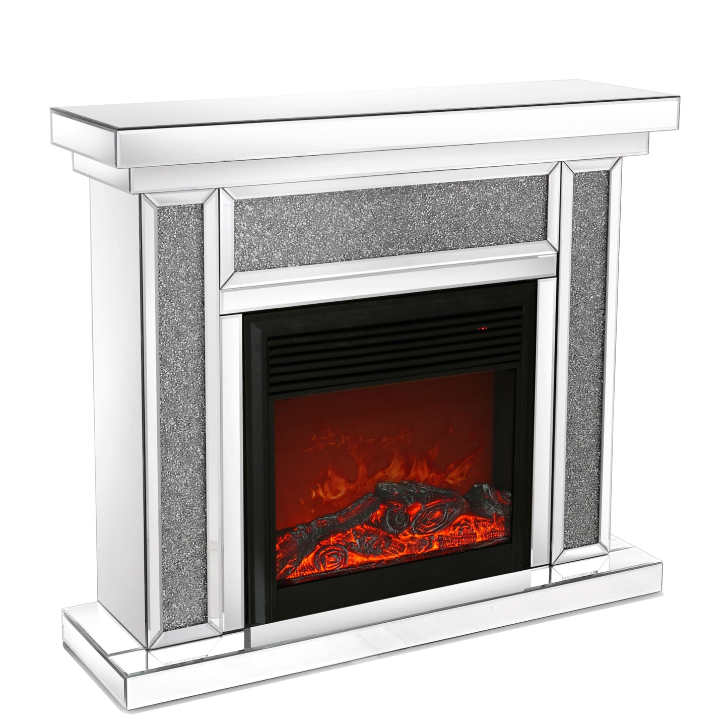 W 47 inch X D 12.6 inch X H 41.7 inch Acrylic diamond mirror mantelpiece, separate mantelpiece Built-in filling: acrylic high imitation drill, 1500 W electric heating furnace
