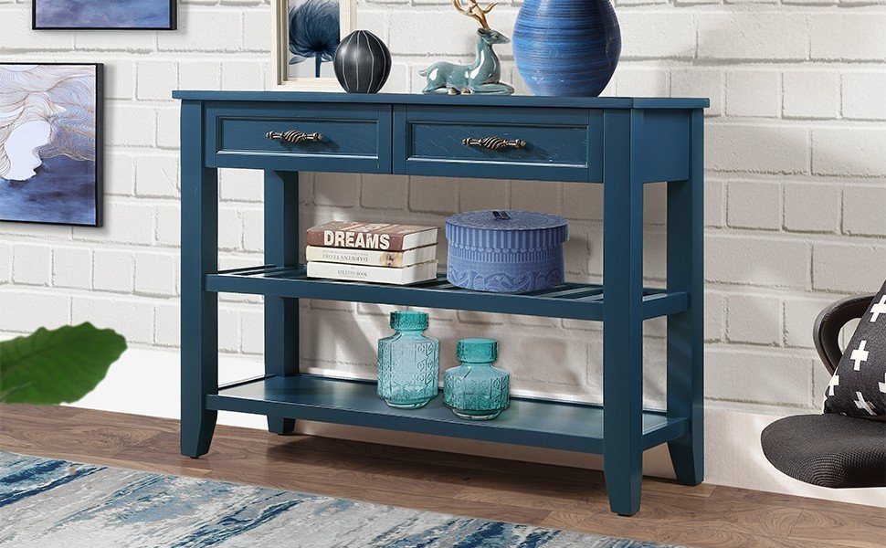 Console Sofa Table with 2 Storage Drawers and 2 Tiers Shelves, Mid-Century Style 42'' Solid Wood Buffet Sideboard for Living Room Furniture Kitchen Dining Room Entryway Hallway,Navy Blue