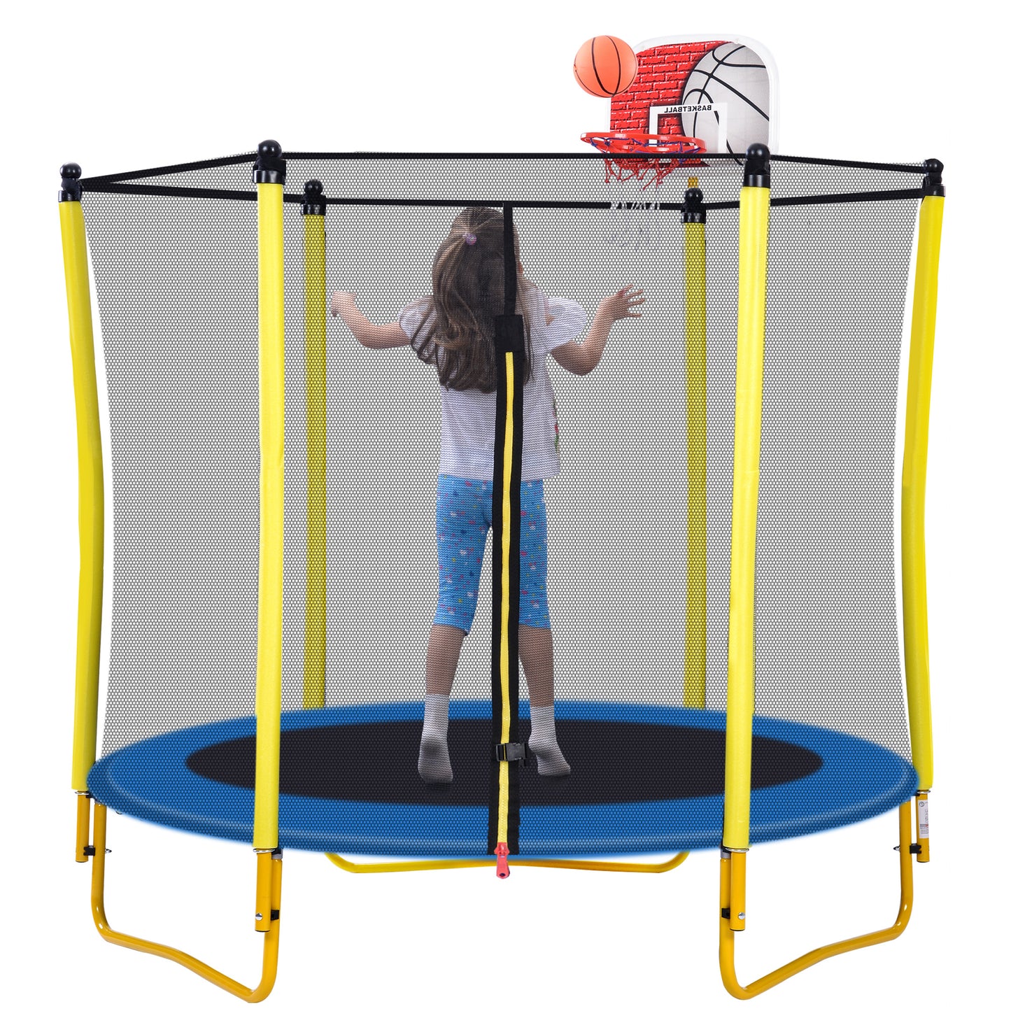 5.5 FT Outdoor & Indoor Mini Toddler Trampoline with Enclosure, Basketball Hoop and Ball Included