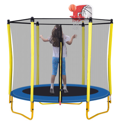 5.5 FT Outdoor & Indoor Mini Toddler Trampoline with Enclosure, Basketball Hoop and Ball Included