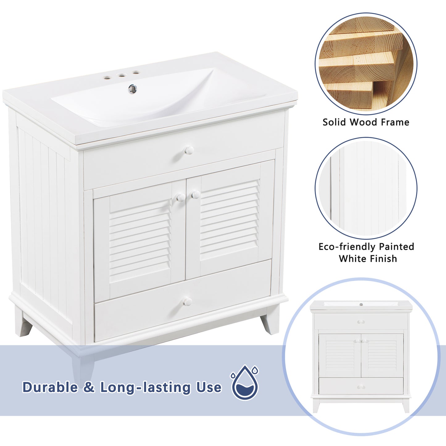 30" Bathroom Vanity with Sink, Bathroom Cabinet with Two Doors and One Drawer