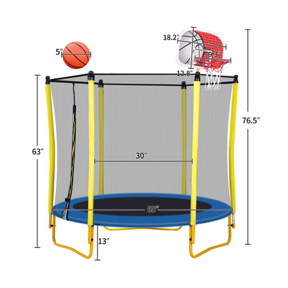 5.5 FT Outdoor & Indoor Mini Toddler Trampoline with Enclosure, Basketball Hoop and Ball Included