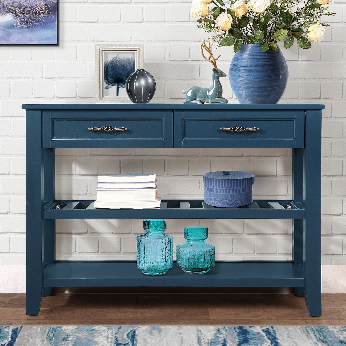Console Sofa Table with 2 Storage Drawers and 2 Tiers Shelves, Mid-Century Style 42'' Solid Wood Buffet Sideboard for Living Room Furniture Kitchen Dining Room Entryway Hallway,Navy Blue