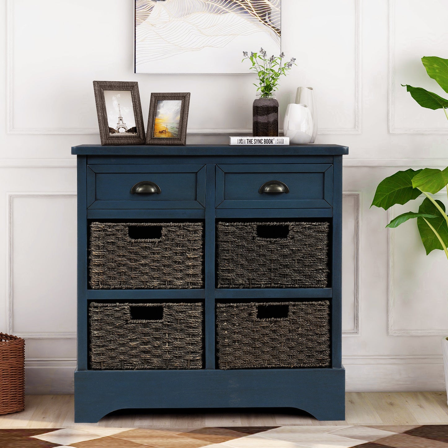 TREXM Rustic Storage Cabinet with Two Drawers and Four Classic Rattan Basket for Dining Room/Entryway/Living Room (Antique Navy)