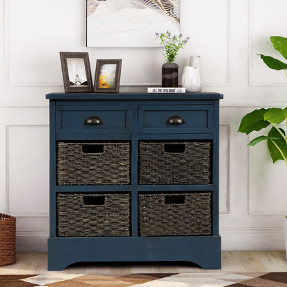 TREXM Rustic Storage Cabinet with Two Drawers and Four Classic Rattan Basket for Dining Room/Entryway/Living Room (Antique Navy)