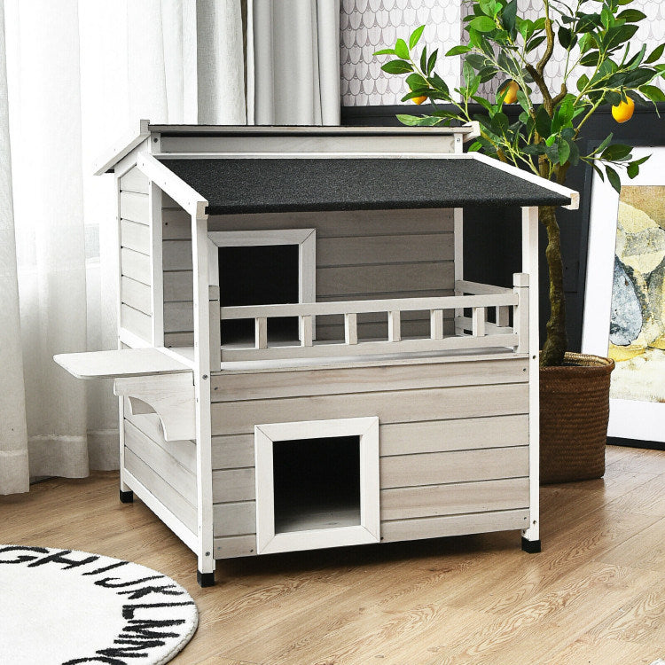 2-Story Luxurious Wooden Pet House with Large Balcony in Grey