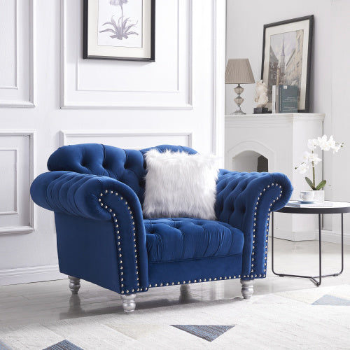 3 Piece Living Room Sofa Set; including 3-Seater Sofa; Loveseat and Sofa Chair; with Button and Copper Nail on Arms and Back; Five White Villose Pillow; Blue.