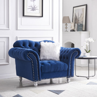 3 Piece Living Room Sofa Set; including 3-Seater Sofa; Loveseat and Sofa Chair; with Button and Copper Nail on Arms and Back; Five White Villose Pillow; Blue.