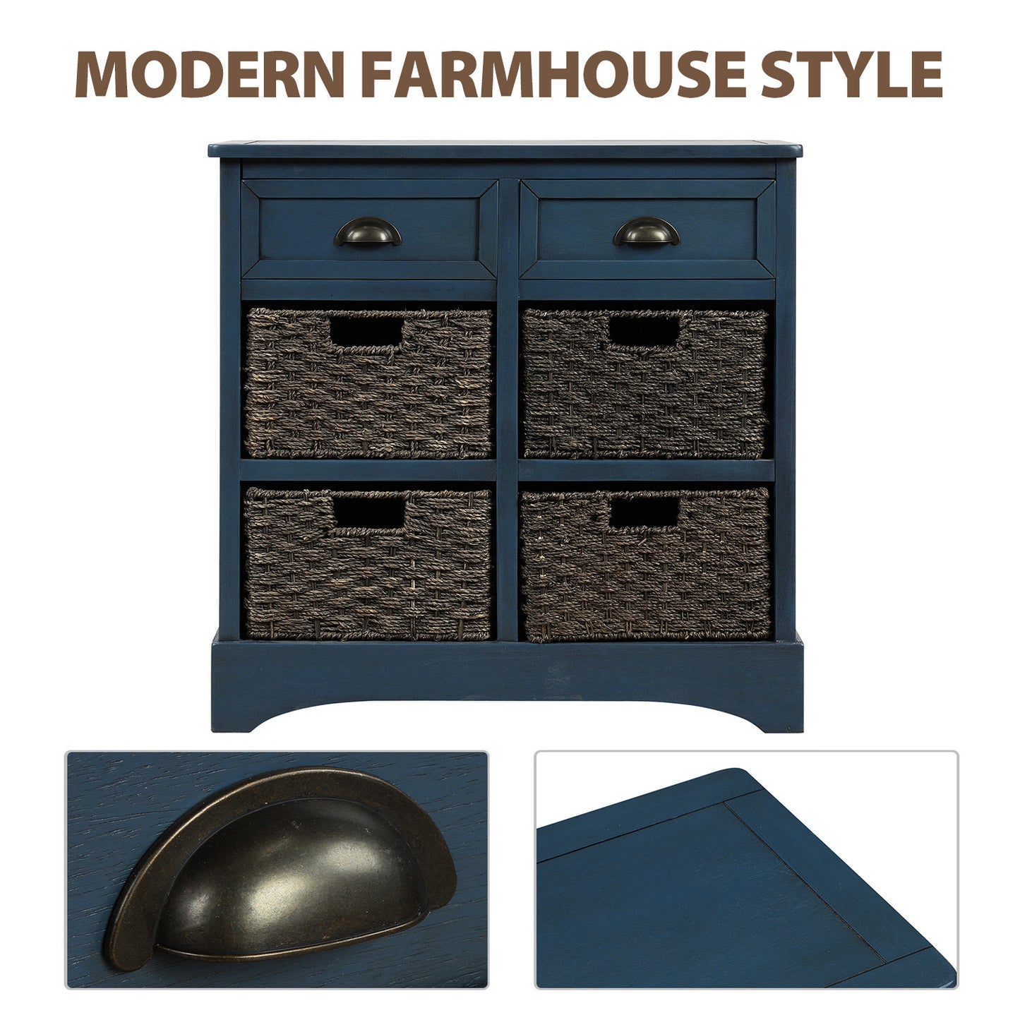TREXM Rustic Storage Cabinet with Two Drawers and Four Classic Rattan Basket for Dining Room/Entryway/Living Room (Antique Navy)