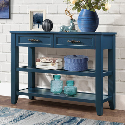 Console Sofa Table with 2 Storage Drawers and 2 Tiers Shelves, Mid-Century Style 42'' Solid Wood Buffet Sideboard for Living Room Furniture Kitchen Dining Room Entryway Hallway,Navy Blue