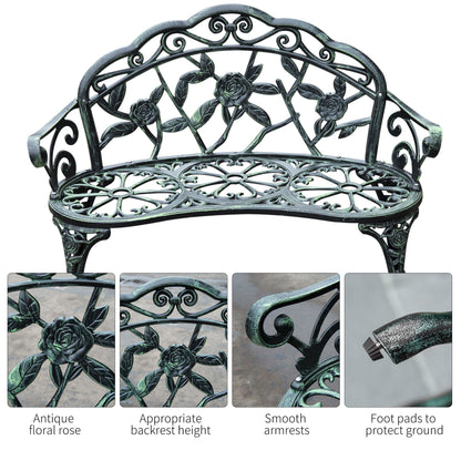 Outsunny Outdoor Bench, Cast Aluminum Outdoor Furniture, Metal Bench with Floral Rose Accent & Antique Finish, Green