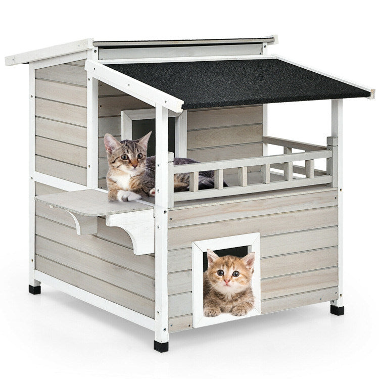 2-Story Luxurious Wooden Pet House with Large Balcony in Grey