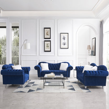 3 Piece Living Room Sofa Set; including 3-Seater Sofa; Loveseat and Sofa Chair; with Button and Copper Nail on Arms and Back; Five White Villose Pillow; Blue.