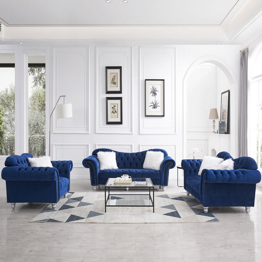 3 Piece Living Room Sofa Set; including 3-Seater Sofa; Loveseat and Sofa Chair; with Button and Copper Nail on Arms and Back; Five White Villose Pillow; Blue.