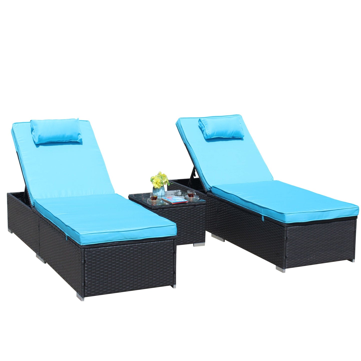 3-Piece Outdoor Patio Furniture Set Chaise Lounge, Patio Reclining Rattan Lounge Chair Chaise Couch Cushioned with Glass Coffee Table, Adjustable Back and Feet, Lounger Chair for Pool Garden, Blue