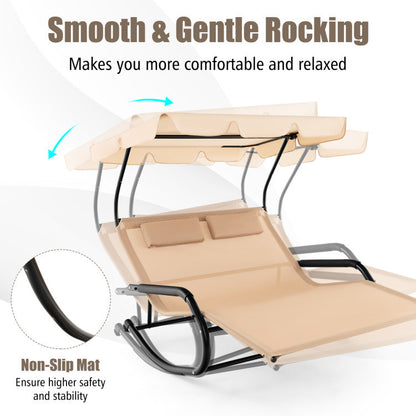 Outdoor 2 Persons Rocking Chaise Lounge with Canopy and Wheels