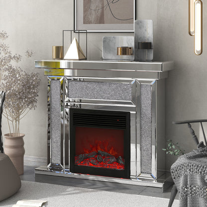 W 47 inch X D 12.6 inch X H 41.7 inch Acrylic diamond mirror mantelpiece, separate mantelpiece Built-in filling: acrylic high imitation drill, 1500 W electric heating furnace