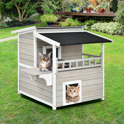 2-Story Luxurious Wooden Pet House with Large Balcony in Grey