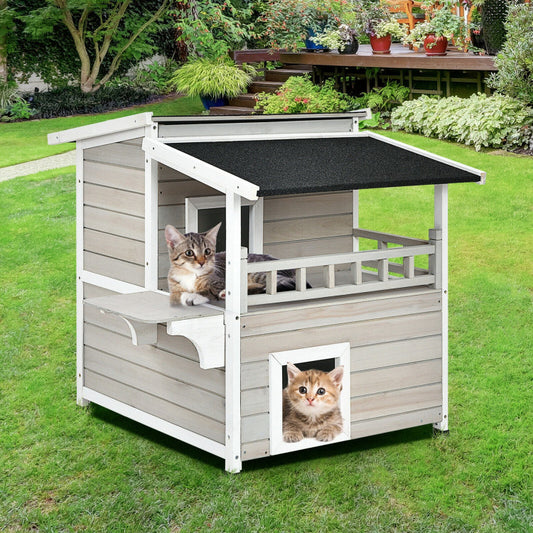 2-Story Luxurious Wooden Pet House with Large Balcony in Grey