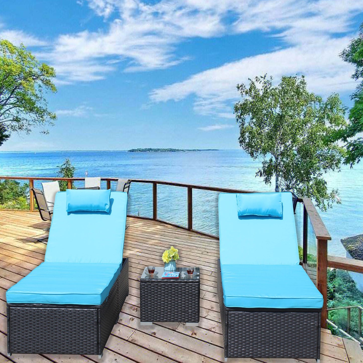 3-Piece Outdoor Patio Furniture Set Chaise Lounge, Patio Reclining Rattan Lounge Chair Chaise Couch Cushioned with Glass Coffee Table, Adjustable Back and Feet, Lounger Chair for Pool Garden, Blue