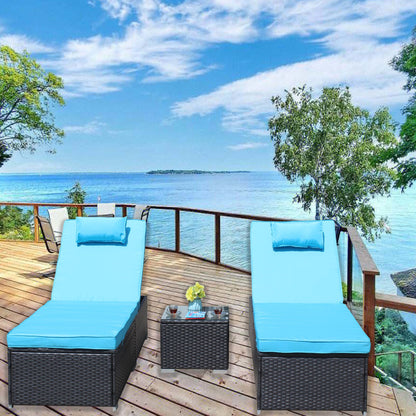 3-Piece Outdoor Patio Furniture Set Chaise Lounge, Patio Reclining Rattan Lounge Chair Chaise Couch Cushioned with Glass Coffee Table, Adjustable Back and Feet, Lounger Chair for Pool Garden, Blue