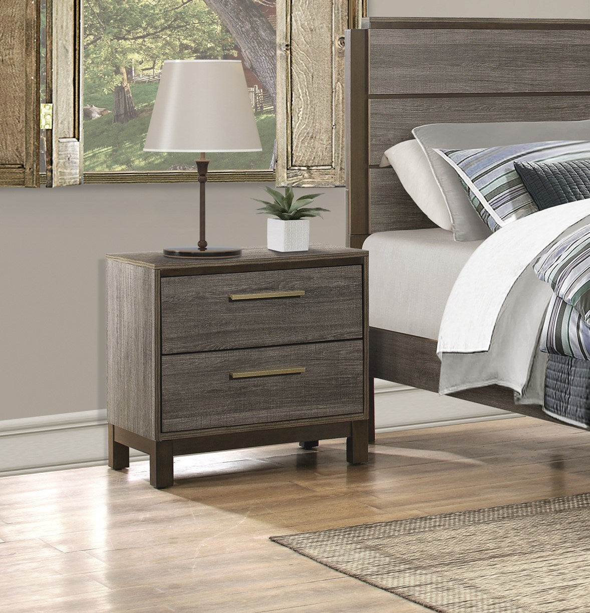 Contemporary Styling 1pc Nightstand of 2x Drawers w Antique Bar Pulls Two-Tone Finish Wooden Bedroom Furniture