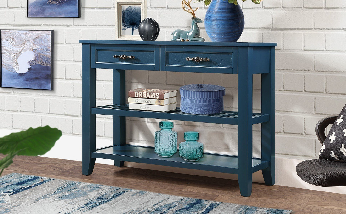 Console Sofa Table with 2 Storage Drawers and 2 Tiers Shelves, Mid-Century Style 42'' Solid Wood Buffet Sideboard for Living Room Furniture Kitchen Dining Room Entryway Hallway,Navy Blue