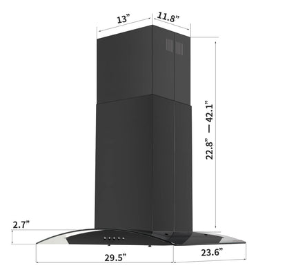 30 inch Stainless Steel Kitchen Island Range Hood 900CFM Tempered Glass 3 Speed Black LEDs