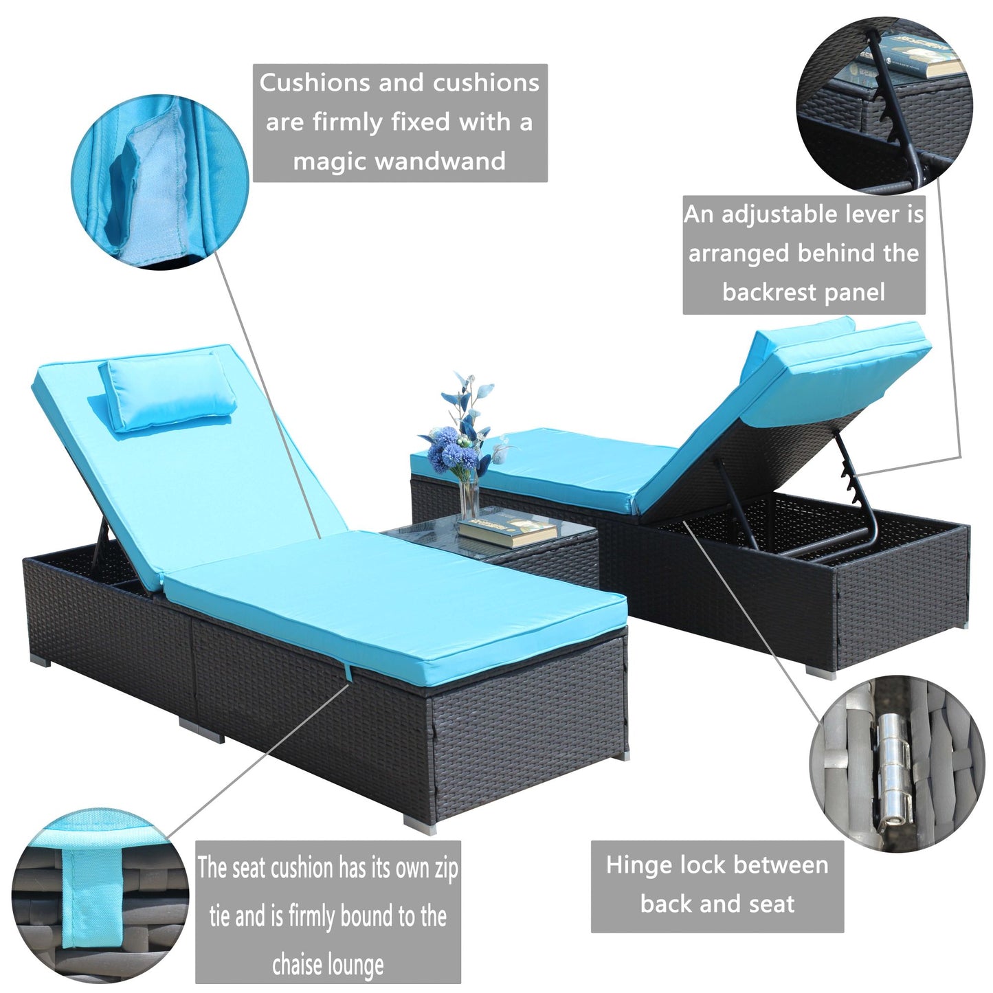 3-Piece Outdoor Patio Furniture Set Chaise Lounge, Patio Reclining Rattan Lounge Chair Chaise Couch Cushioned with Glass Coffee Table, Adjustable Back and Feet, Lounger Chair for Pool Garden, Blue