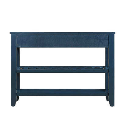 Console Sofa Table with 2 Storage Drawers and 2 Tiers Shelves, Mid-Century Style 42'' Solid Wood Buffet Sideboard for Living Room Furniture Kitchen Dining Room Entryway Hallway,Navy Blue
