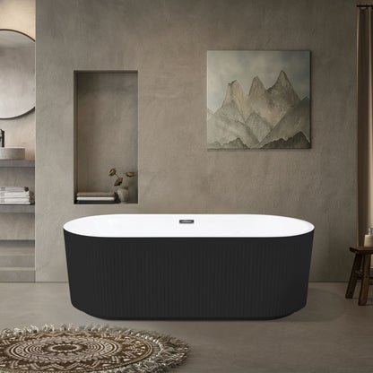 67" Matt Black Finish Acrylic Spacious Oval Shape Freestanding Bathtub with Unique Pleated Design