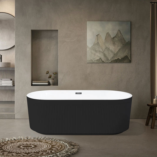67" Matt Black Finish Acrylic Spacious Oval Shape Freestanding Bathtub with Unique Pleated Design