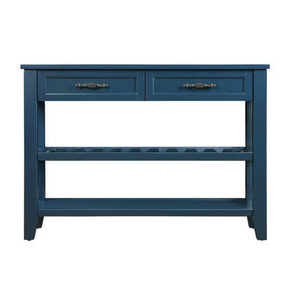 Console Sofa Table with 2 Storage Drawers and 2 Tiers Shelves, Mid-Century Style 42'' Solid Wood Buffet Sideboard for Living Room Furniture Kitchen Dining Room Entryway Hallway,Navy Blue