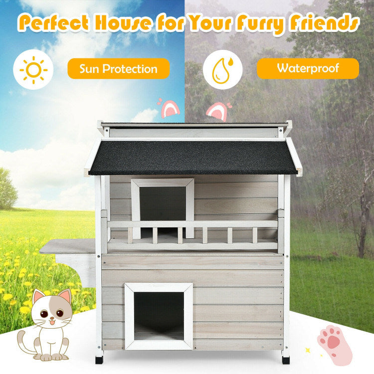 2-Story Luxurious Wooden Pet House with Large Balcony in Grey