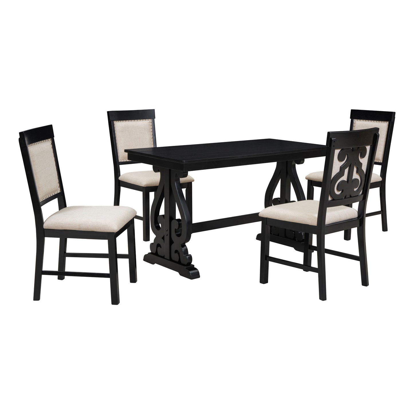 TREXM 5-Piece Retro Dining Set, Rectangular Wooden Dining Table and 4 Upholstered Chairs for Dining Room and Kitchen (Black)
